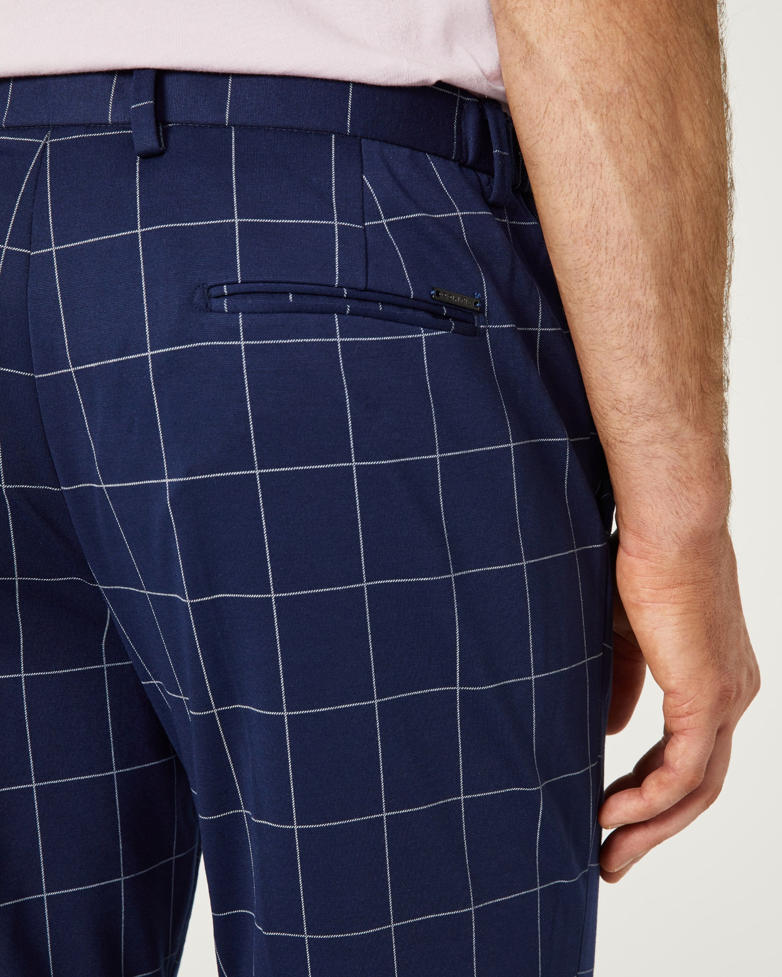 Slim Stretch Jersey Check Tailored Pant Navy Windowpane Suit